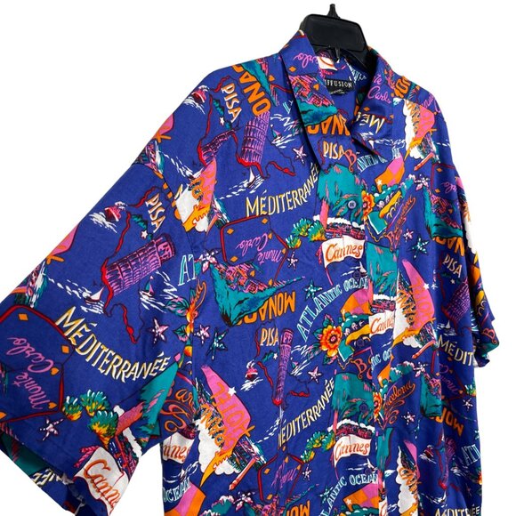 IB Diffusion Button Up Shirt Womens 24W Blue Graphic Destination Vacation Rayon - Picture 5 of 6